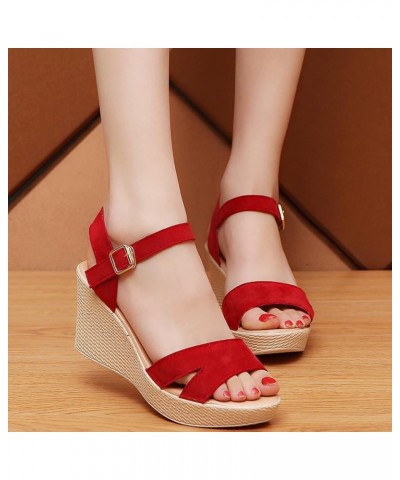 Casual Wedges Sandals for Women Peep Toe Buckle Strap Pumps Comfortable Hollowing out Platform Summer Shoes Wine Red $26.36 S...