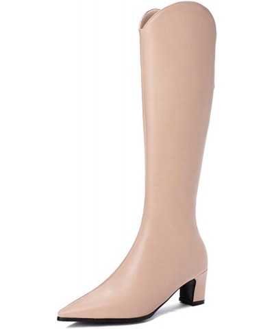 Women's Knee High Biker Boots with Pointed Toe and Block Heel Beige $27.51 Boots