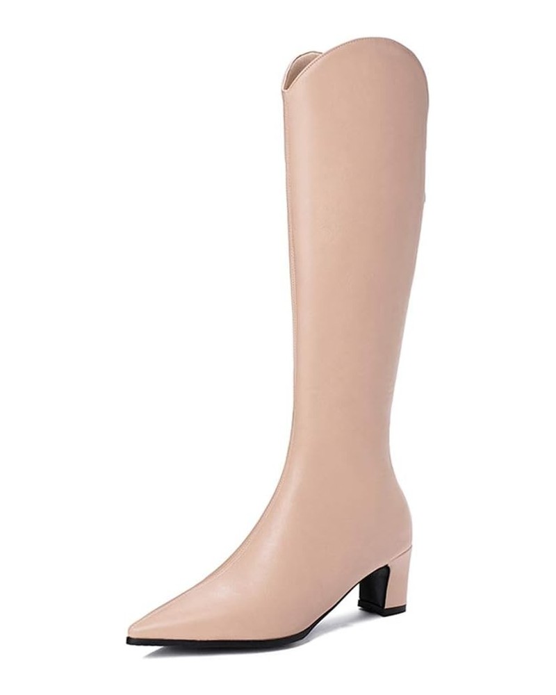 Women's Knee High Biker Boots with Pointed Toe and Block Heel Beige $27.51 Boots