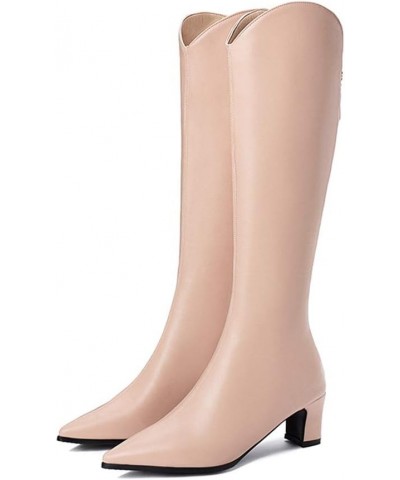 Women's Knee High Biker Boots with Pointed Toe and Block Heel Beige $27.51 Boots