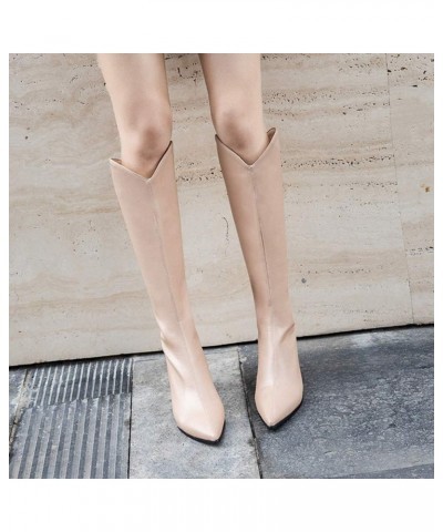 Women's Knee High Biker Boots with Pointed Toe and Block Heel Beige $27.51 Boots