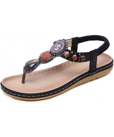 Summer Shoes Ladies Beach Sandals Jeweled Fleaded Flip-Flops Boho Casual Flat Sandals 10 Black $27.67 Sandals