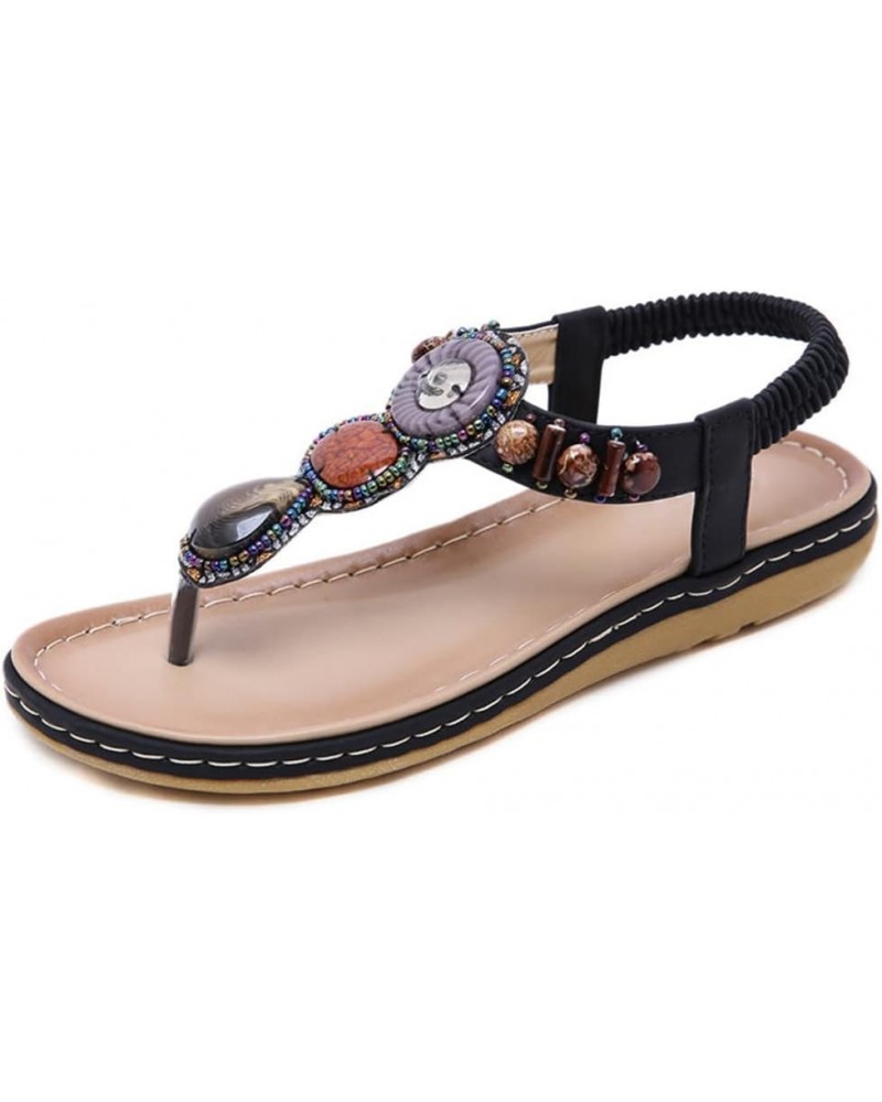 Summer Shoes Ladies Beach Sandals Jeweled Fleaded Flip-Flops Boho Casual Flat Sandals 10 Black $27.67 Sandals