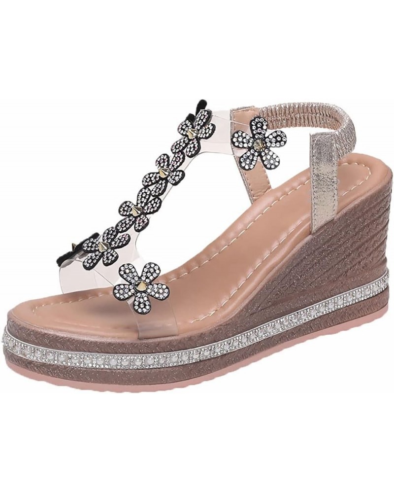 Women Platform Wedge Sandals Crystal Flower Wedges Sandals Transparent PVC T-Strap high Heel Shoes Summer Shiny Rhinestones S...