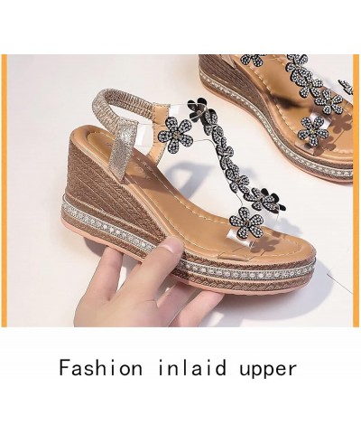 Women Platform Wedge Sandals Crystal Flower Wedges Sandals Transparent PVC T-Strap high Heel Shoes Summer Shiny Rhinestones S...