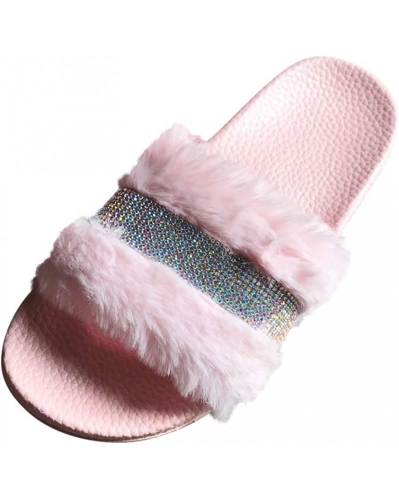 Slipper One Open Pedal Plush Rhinestone Flat Womens Toe sandals Slippers Fashion Women's slipper Pink $17.26 Slippers