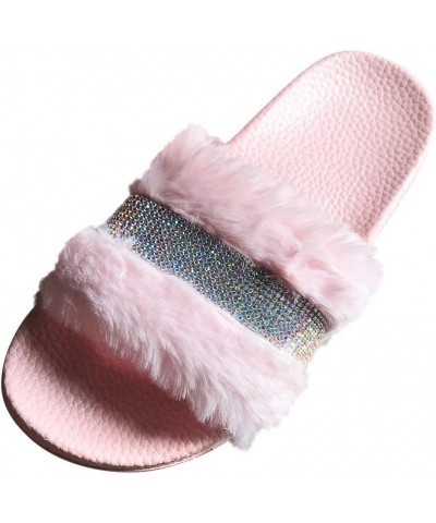 Slipper One Open Pedal Plush Rhinestone Flat Womens Toe sandals Slippers Fashion Women's slipper Pink $17.26 Slippers