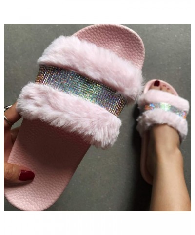 Slipper One Open Pedal Plush Rhinestone Flat Womens Toe sandals Slippers Fashion Women's slipper Pink $17.26 Slippers