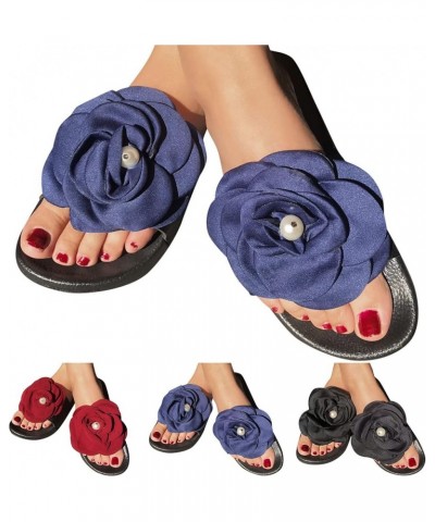 Women Slippers Summer New Pattern Silk Flower Pearl Decoration Fashion Flat Bottom Comfortable Non Slip Vs (Red, 8.5) Black 8...