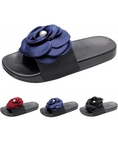 Women Slippers Summer New Pattern Silk Flower Pearl Decoration Fashion Flat Bottom Comfortable Non Slip Vs (Red, 8.5) Black 8...