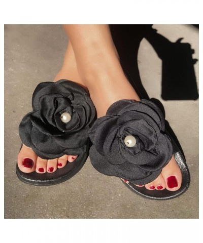 Women Slippers Summer New Pattern Silk Flower Pearl Decoration Fashion Flat Bottom Comfortable Non Slip Vs (Red, 8.5) Black 8...