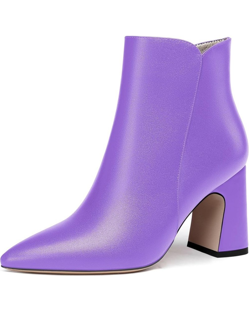 Womens Pointed Toe Evening Zip Casual Matte Block High Heel Ankle High Boots 3.3 Inch Lavender $40.88 Boots