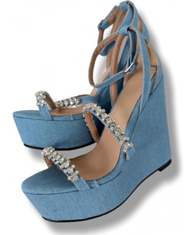 Ladies Sexy Platform Wedge Bootie, Blue Denim Gems High Heeled Sandal, Luxury Rhinestone Large Big Size US4-19 Unisex Shoes F...