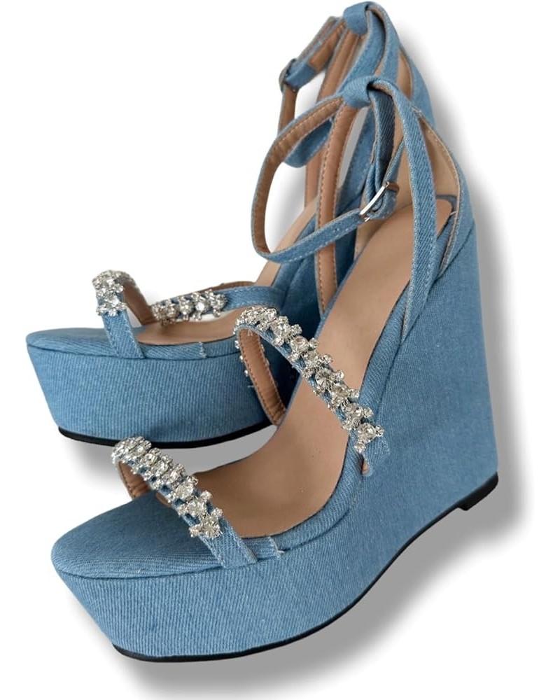 Ladies Sexy Platform Wedge Bootie, Blue Denim Gems High Heeled Sandal, Luxury Rhinestone Large Big Size US4-19 Unisex Shoes F...