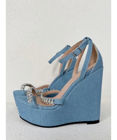 Ladies Sexy Platform Wedge Bootie, Blue Denim Gems High Heeled Sandal, Luxury Rhinestone Large Big Size US4-19 Unisex Shoes F...