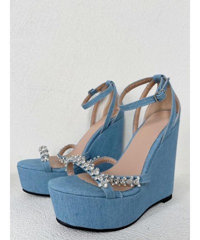 Ladies Sexy Platform Wedge Bootie, Blue Denim Gems High Heeled Sandal, Luxury Rhinestone Large Big Size US4-19 Unisex Shoes F...