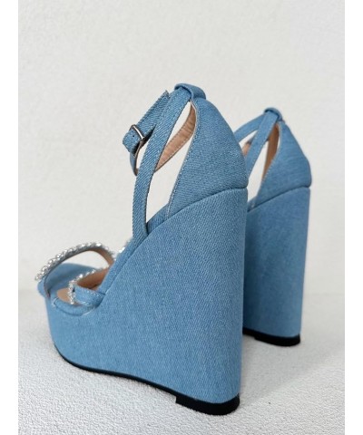 Ladies Sexy Platform Wedge Bootie, Blue Denim Gems High Heeled Sandal, Luxury Rhinestone Large Big Size US4-19 Unisex Shoes F...