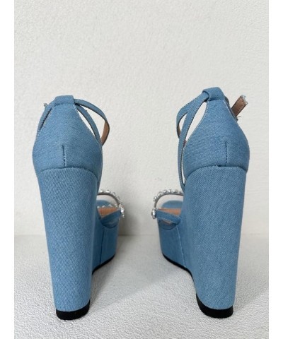 Ladies Sexy Platform Wedge Bootie, Blue Denim Gems High Heeled Sandal, Luxury Rhinestone Large Big Size US4-19 Unisex Shoes F...