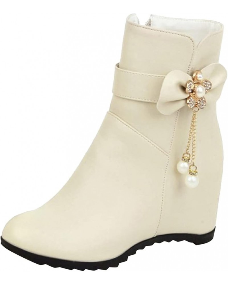 Ladies Fashion Solid Color Leather Rhinestone Bow Wedge Heel Inside High Short Boots Winter Boots Women Size 11 Beige $23.97 ...