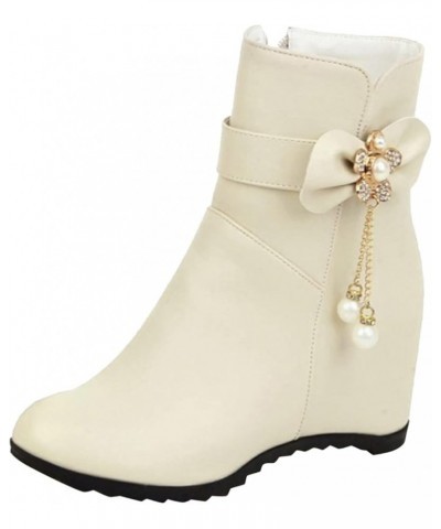 Ladies Fashion Solid Color Leather Rhinestone Bow Wedge Heel Inside High Short Boots Winter Boots Women Size 11 Beige $23.97 ...