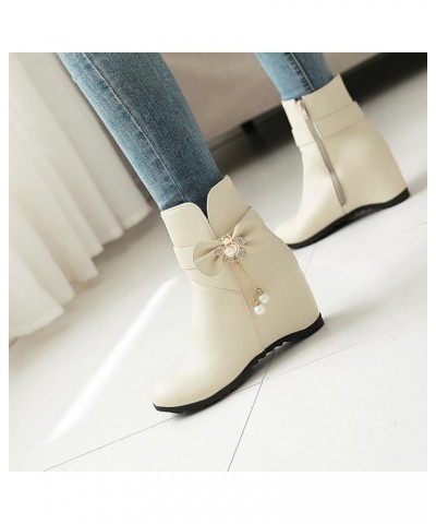 Ladies Fashion Solid Color Leather Rhinestone Bow Wedge Heel Inside High Short Boots Winter Boots Women Size 11 Beige $23.97 ...