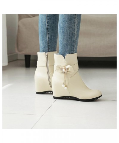 Ladies Fashion Solid Color Leather Rhinestone Bow Wedge Heel Inside High Short Boots Winter Boots Women Size 11 Beige $23.97 ...