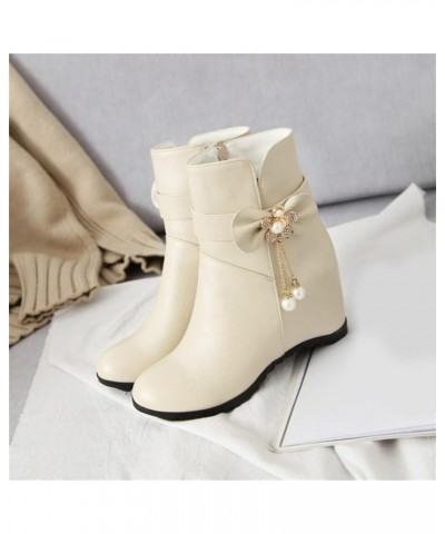 Ladies Fashion Solid Color Leather Rhinestone Bow Wedge Heel Inside High Short Boots Winter Boots Women Size 11 Beige $23.97 ...