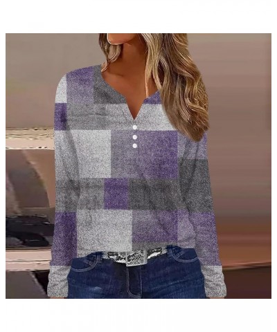 Women's Casual Long Sleeve Geometric Shirts Three Button Plaid Print Tee Blouses Loose Fit Lightweight Sweatshirts 1-light Pu...