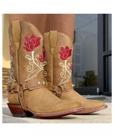 Cowgirl Boots Women Low Heel Slip On Ankle V Cut Booties Winter Warm Stacked Chunky Heel Short Boots Red $13.15 Boots