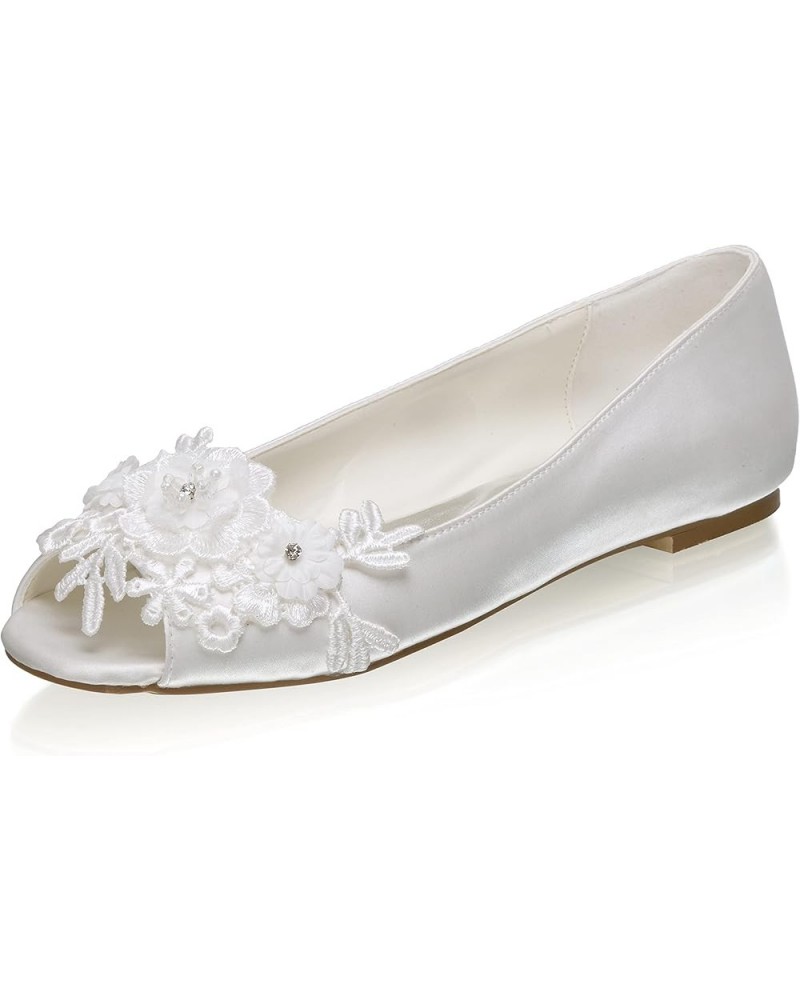 36838 Women's Bridal Shoes Peep Toe Satin Flats Flower Wedding Shoes Ivory $33.58 Flats