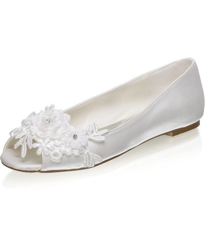 36838 Women's Bridal Shoes Peep Toe Satin Flats Flower Wedding Shoes Ivory $33.58 Flats