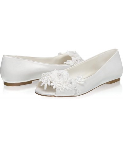 36838 Women's Bridal Shoes Peep Toe Satin Flats Flower Wedding Shoes Ivory $33.58 Flats