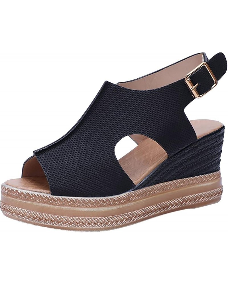 Wedge Sandals for Women Open Toe Buckle Strap Ankle Boots Vintage Hollow Out Platform Sandals Summer Casual Shoes A03_black $...