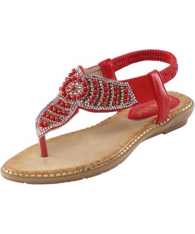 Slip on Wedge Sandals for Women Women Flat Sandals Summer Boho Rhinestone Dress Shoes Comfort Open Toe Elastic Red $19.96 San...