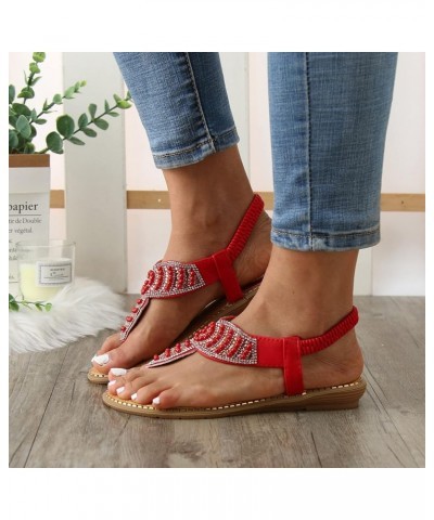 Slip on Wedge Sandals for Women Women Flat Sandals Summer Boho Rhinestone Dress Shoes Comfort Open Toe Elastic Red $19.96 San...