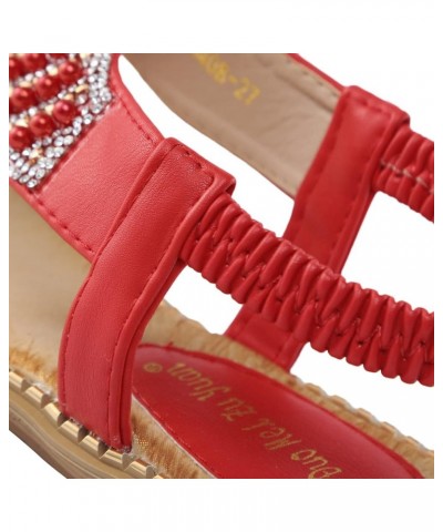 Slip on Wedge Sandals for Women Women Flat Sandals Summer Boho Rhinestone Dress Shoes Comfort Open Toe Elastic Red $19.96 San...