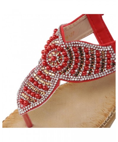 Slip on Wedge Sandals for Women Women Flat Sandals Summer Boho Rhinestone Dress Shoes Comfort Open Toe Elastic Red $19.96 San...