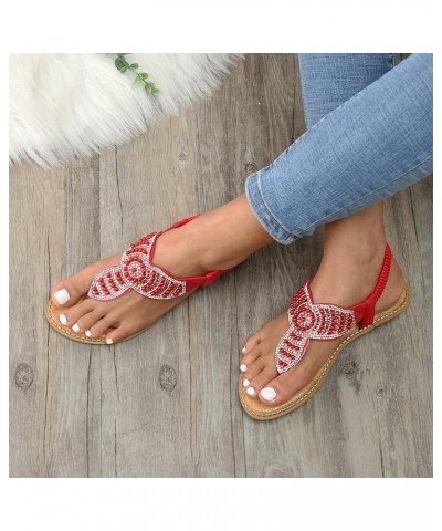 Slip on Wedge Sandals for Women Women Flat Sandals Summer Boho Rhinestone Dress Shoes Comfort Open Toe Elastic Red $19.96 San...