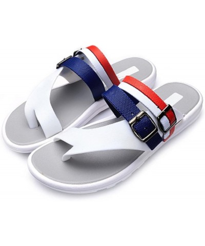 Male Cool White Beach Flip Flops Men Fashion Spring and Summer Pu Leather Flip Flops Man's Leisure Blue Slippers B $18.04 San...