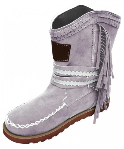 Cowboy Boots Women, Womens Flat Western Mid Calf Boots Fringe Round Toe Pull On Cowboy Boots Fashion Vintage Boots Grey $36.4...