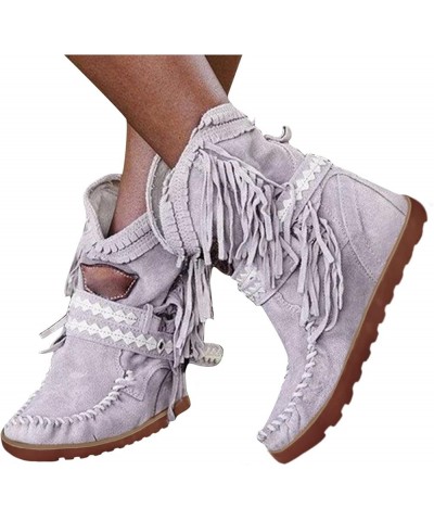 Cowboy Boots Women, Womens Flat Western Mid Calf Boots Fringe Round Toe Pull On Cowboy Boots Fashion Vintage Boots Grey $36.4...