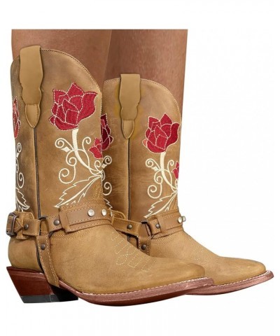 Cowgirl Boots Women Low Heel Slip On Ankle V Cut Booties Winter Warm Stacked Chunky Heel Short Boots Red $13.15 Boots