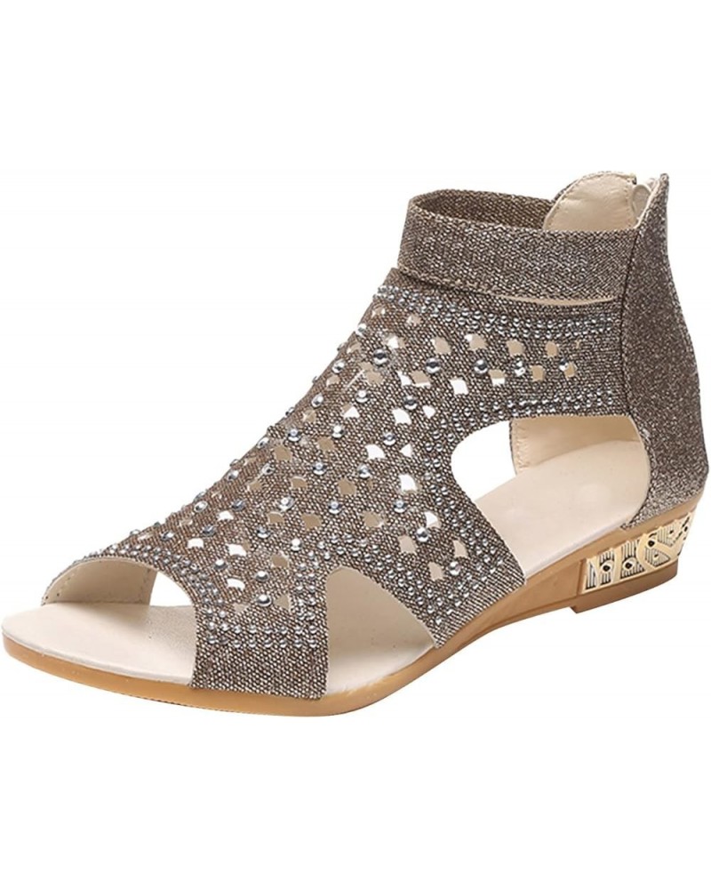 Wedge Sandals For Women Low Heel Rhinestone Open Toe Breathable Walking Comfy Anti-Slip Zipper Strappy Sandals 03-grey $8.71 ...