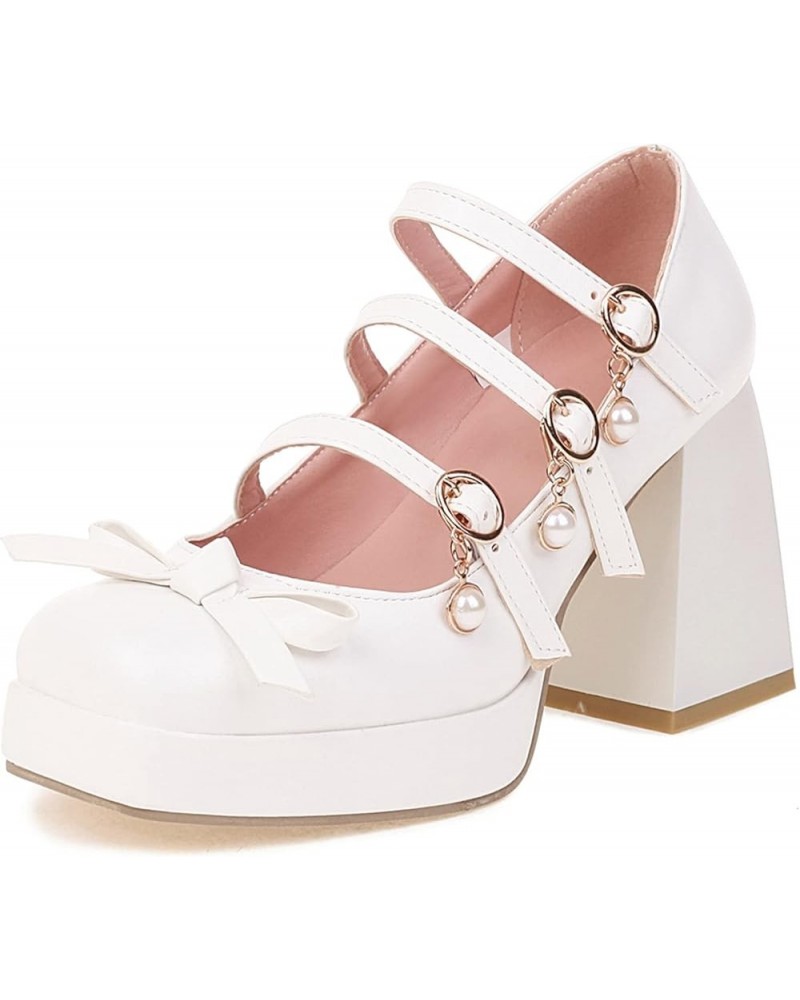 Women Chunky Heels Square Toe Mary Jane Platform Ankle Strap Pumps White $32.38 Pumps