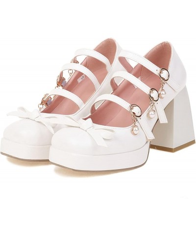 Women Chunky Heels Square Toe Mary Jane Platform Ankle Strap Pumps White $32.38 Pumps