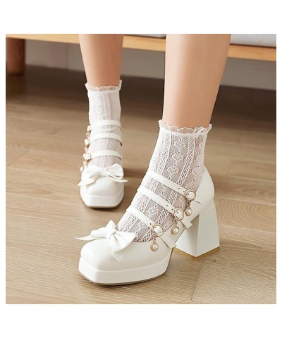 Women Chunky Heels Square Toe Mary Jane Platform Ankle Strap Pumps White $32.38 Pumps