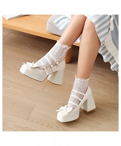 Women Chunky Heels Square Toe Mary Jane Platform Ankle Strap Pumps White $32.38 Pumps