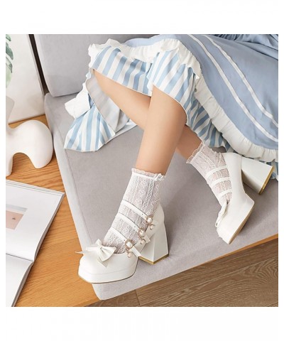 Women Chunky Heels Square Toe Mary Jane Platform Ankle Strap Pumps White $32.38 Pumps