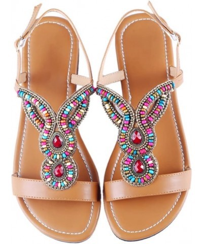 Summer Women Bohemia Folk Retro Sandals Lady Rhinestone Peep Toe Shoes Beach Slipper 11 Brown $24.39 Sandals