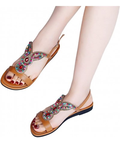 Summer Women Bohemia Folk Retro Sandals Lady Rhinestone Peep Toe Shoes Beach Slipper 11 Brown $24.39 Sandals